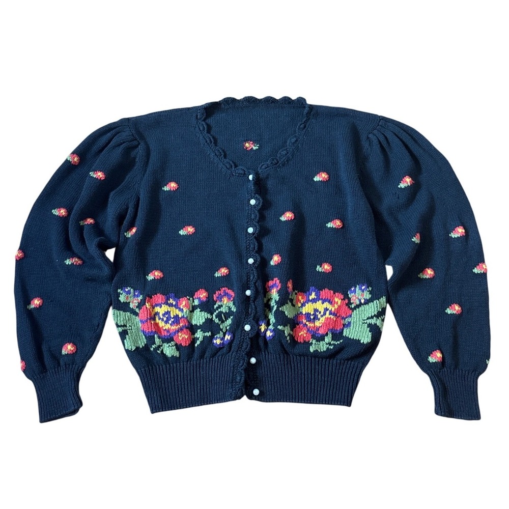 Floral Cardigan Women Black Vintage Style Puff Sleeve SIZE Medium